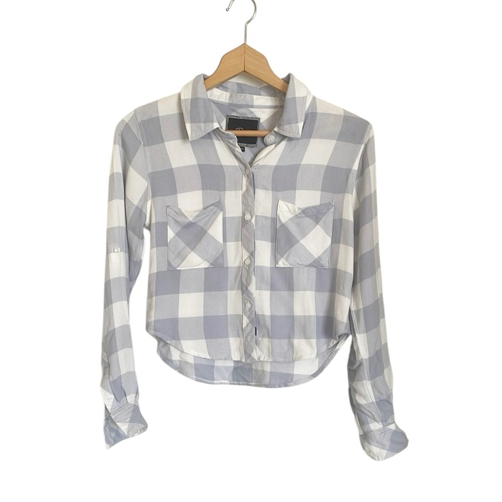 Rails Rian Crop Blue White Plaid Long Sleve Roll Tab Button Front Shirt size XS
